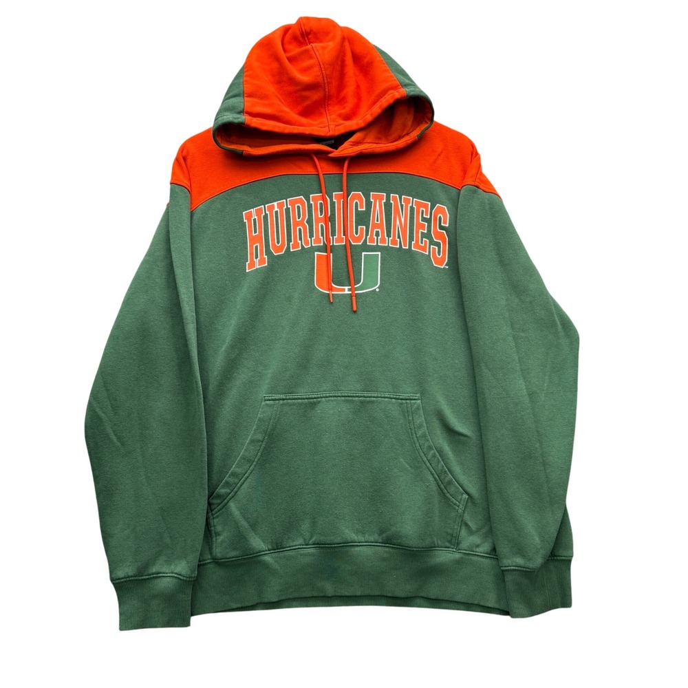 Captivating University of Miami Hurricanes Hoodie Mens Large Green Orange Fleece